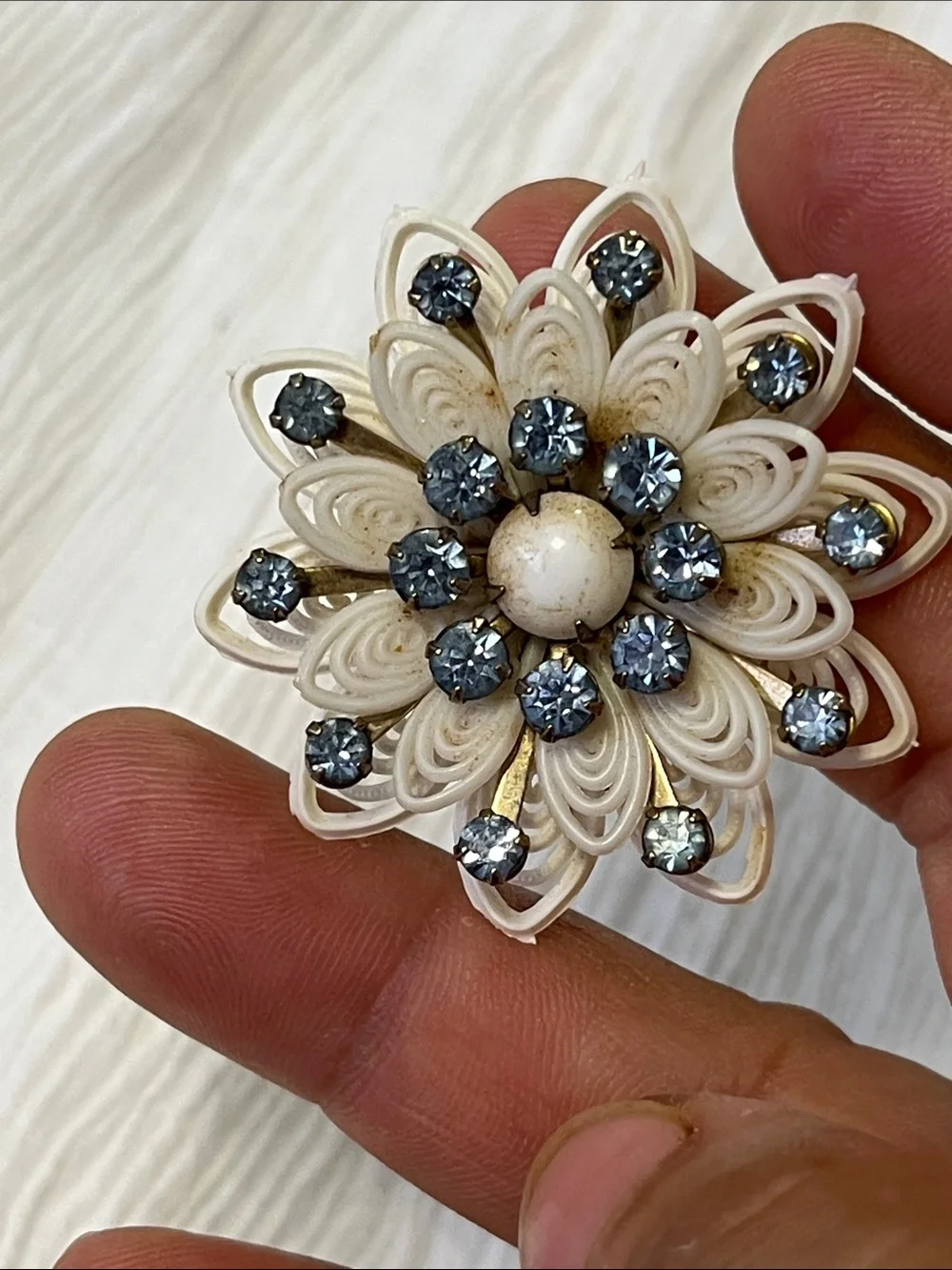 Antique Cream Floral Brooch with Blue Rhinestones